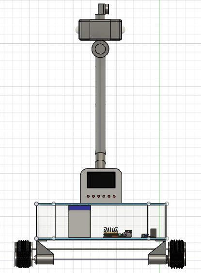 Front view CAD — display panel, sensor tower, and rubber track drivetrain