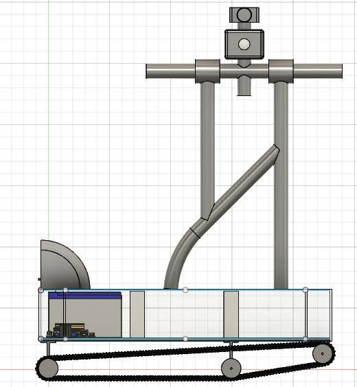 Side view CAD — tracked chassis with camera mast and audio deterrent module