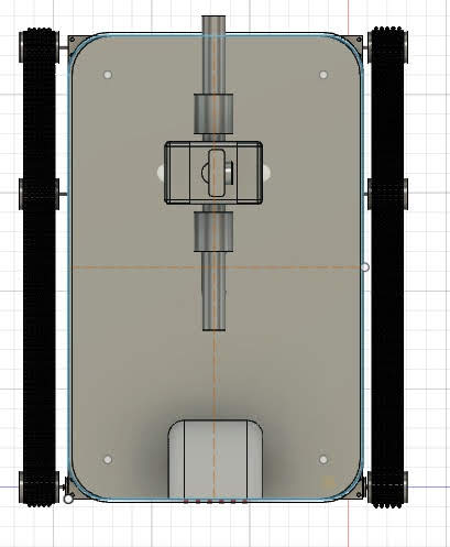 Top-down CAD — chassis layout with mast mount and dual track assembly