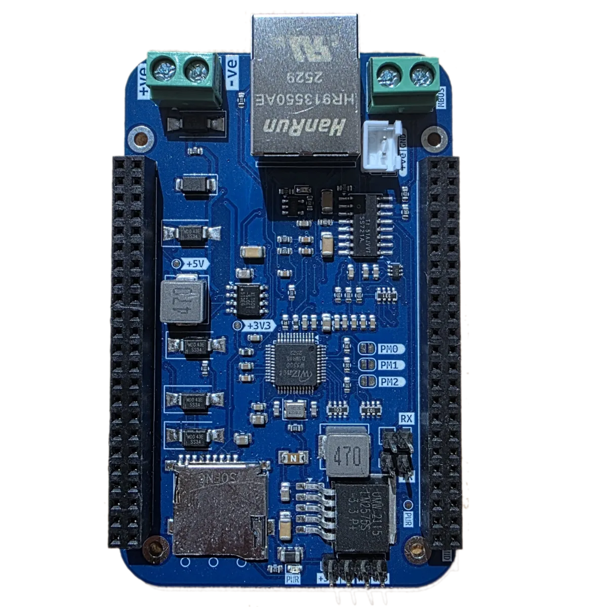 S0 baseboard — HanRun Ethernet jack, SD card slot, power regulation, and S0 edge connector