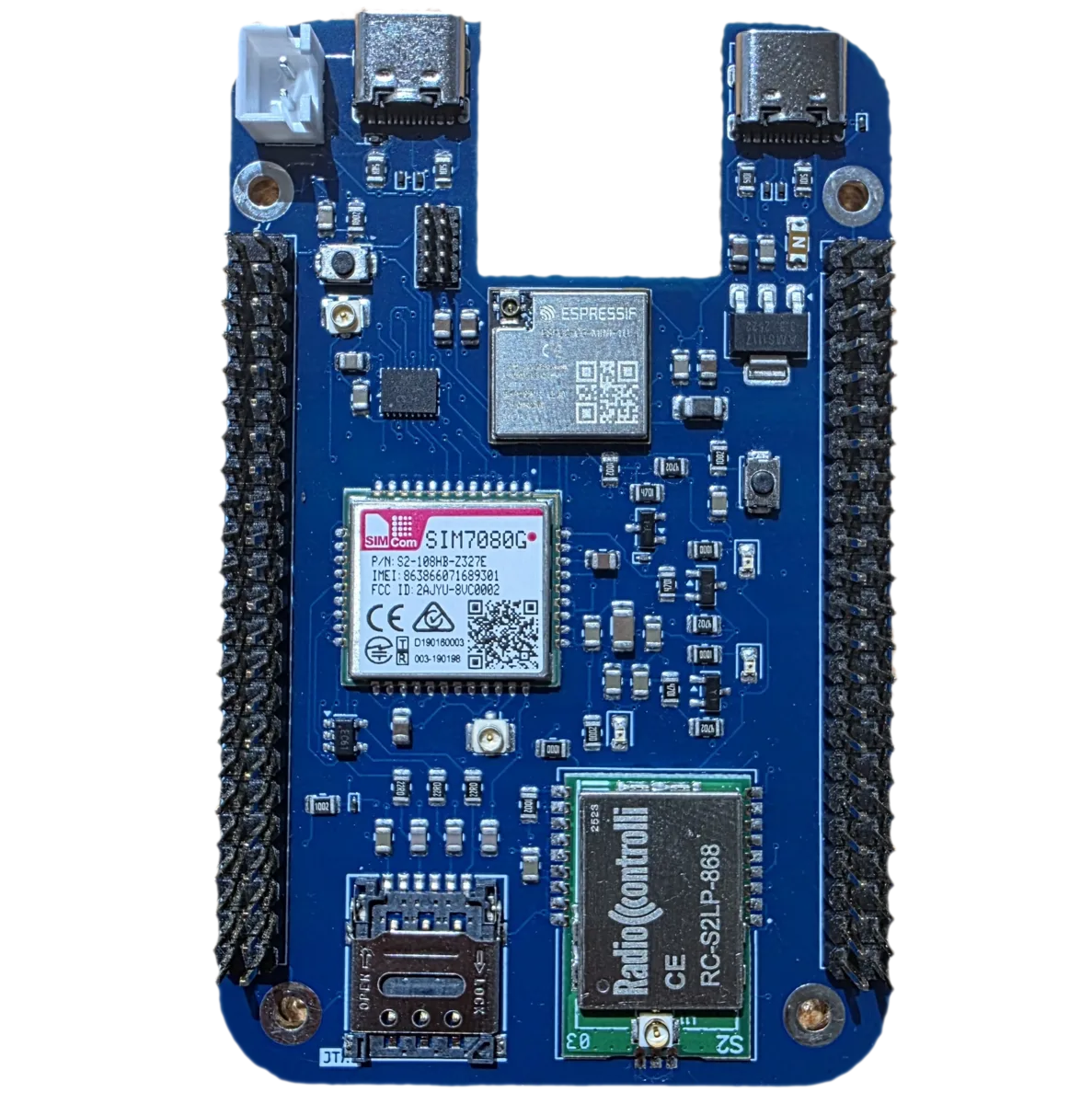 S0 IoT module — ESP32-C6, SIM7080G NB-IoT, and RC-S2LP-868 Wireless M-Bus on a single edge-connector board