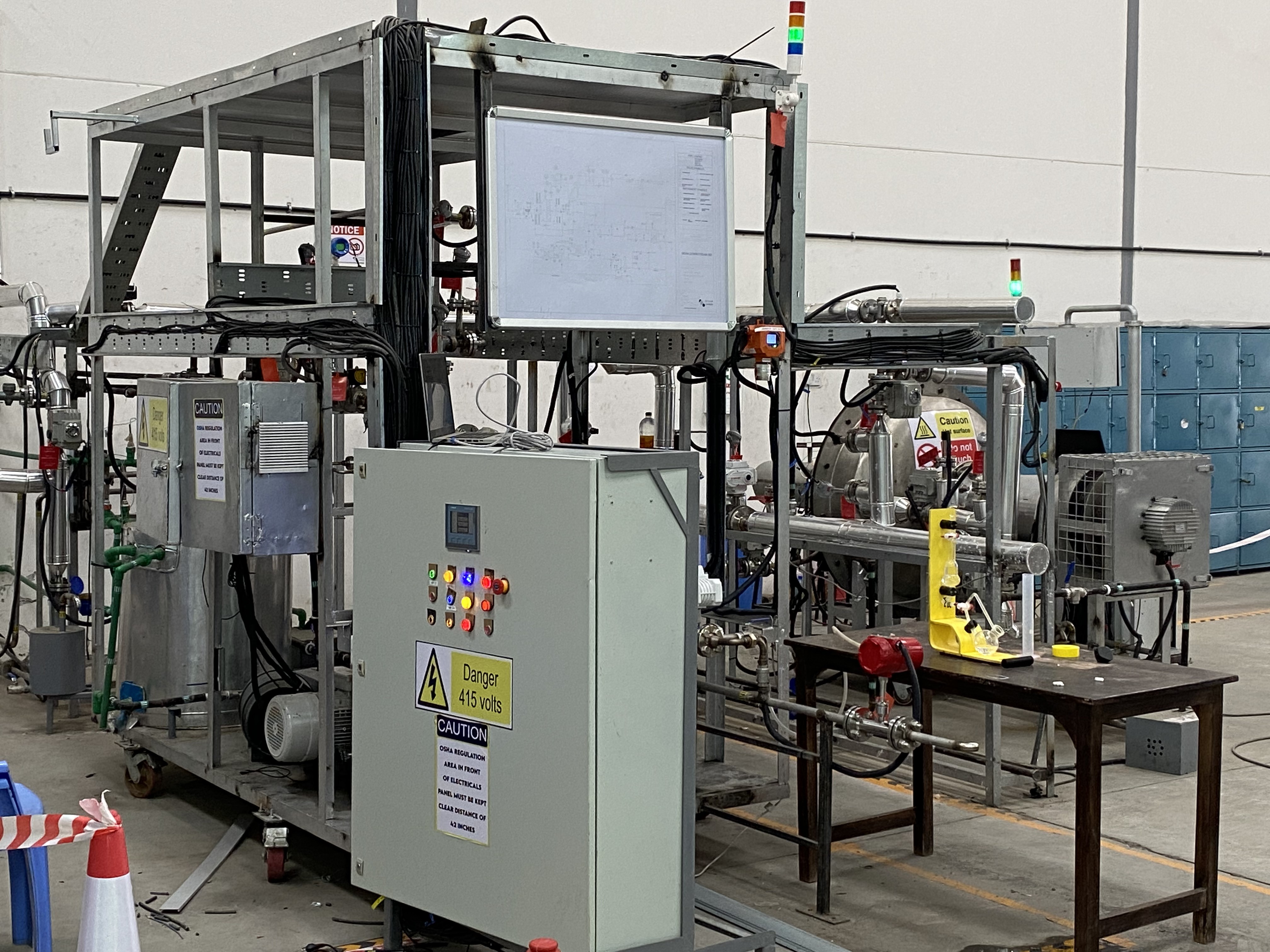 Pilot plant control cabinet — instrumentation, actuator wiring, and process interlocks