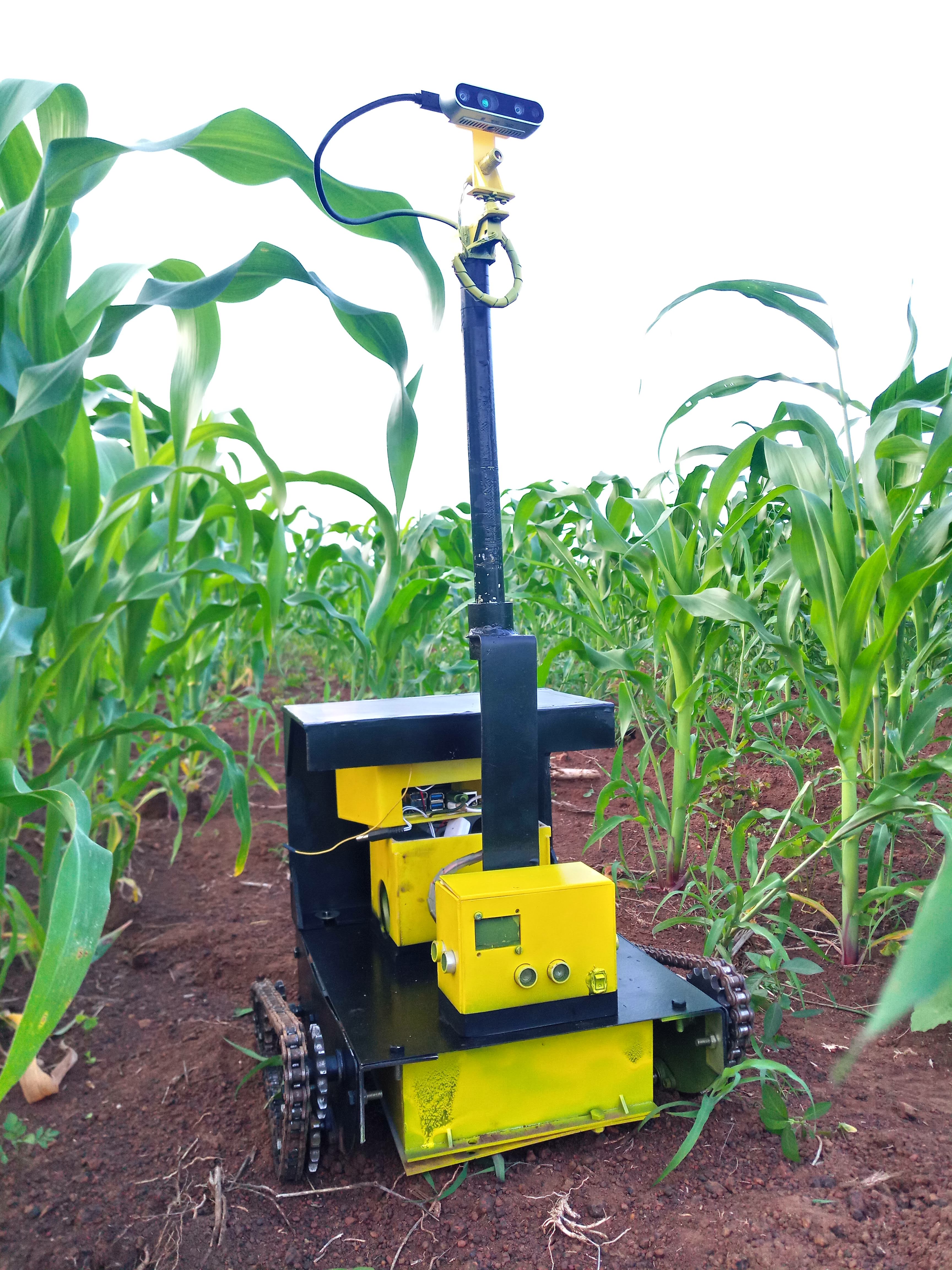 Sensor tower close-up — stereo depth camera on adjustable mast mount